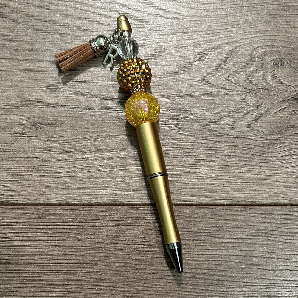 Gold and Yellow Beaded Pen with Tassel Charm “R”